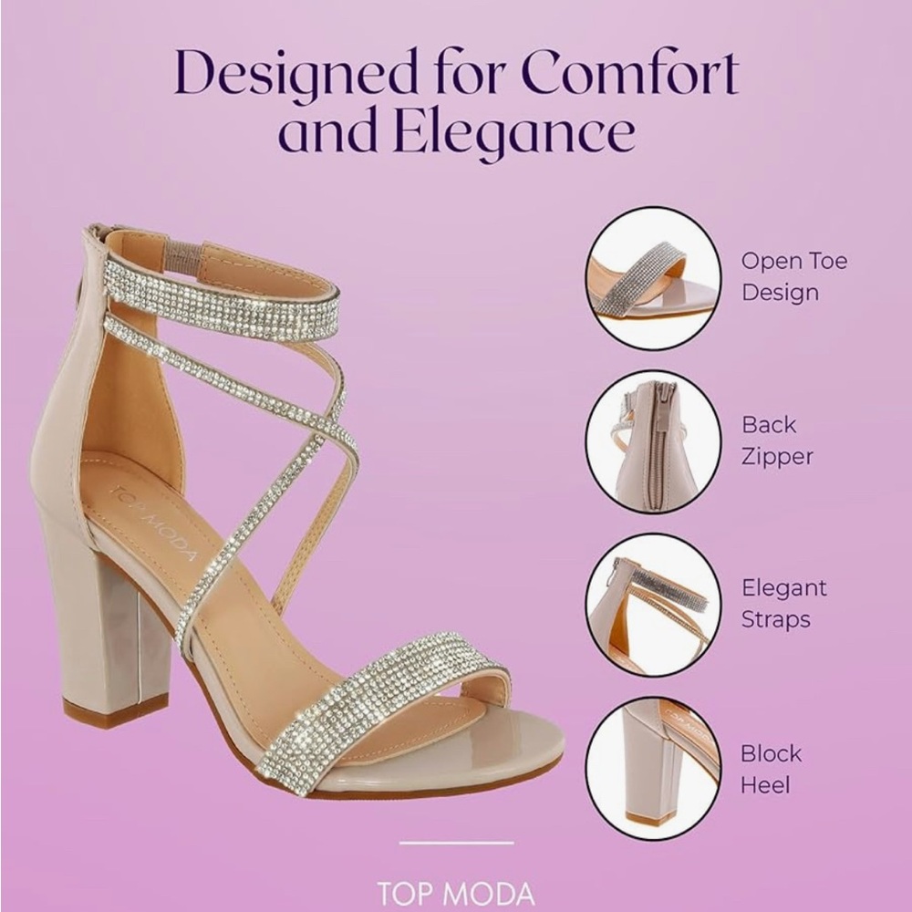 TOP Moda Formal Rhinestone Chunky Block Heel Sandal Crisscross Strappy Nude, 8.5 - Picture 4 of 9